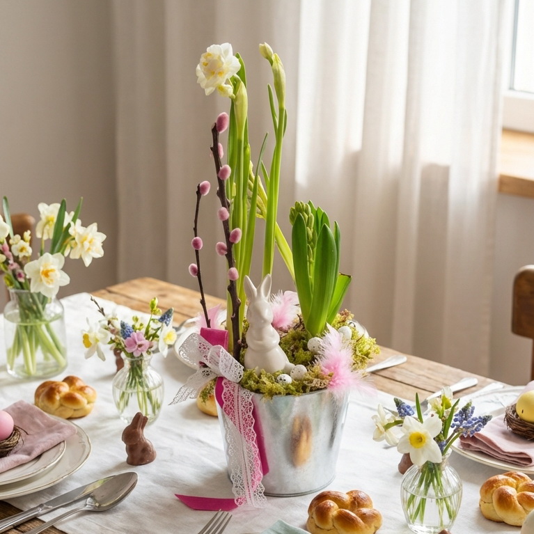 Пасхальная композиция в ведерке с зайкой