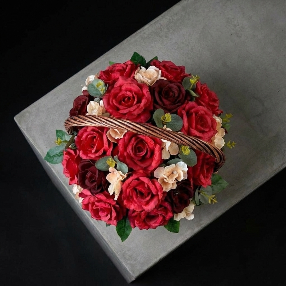 Траурная корзина из красных искусственных цветов