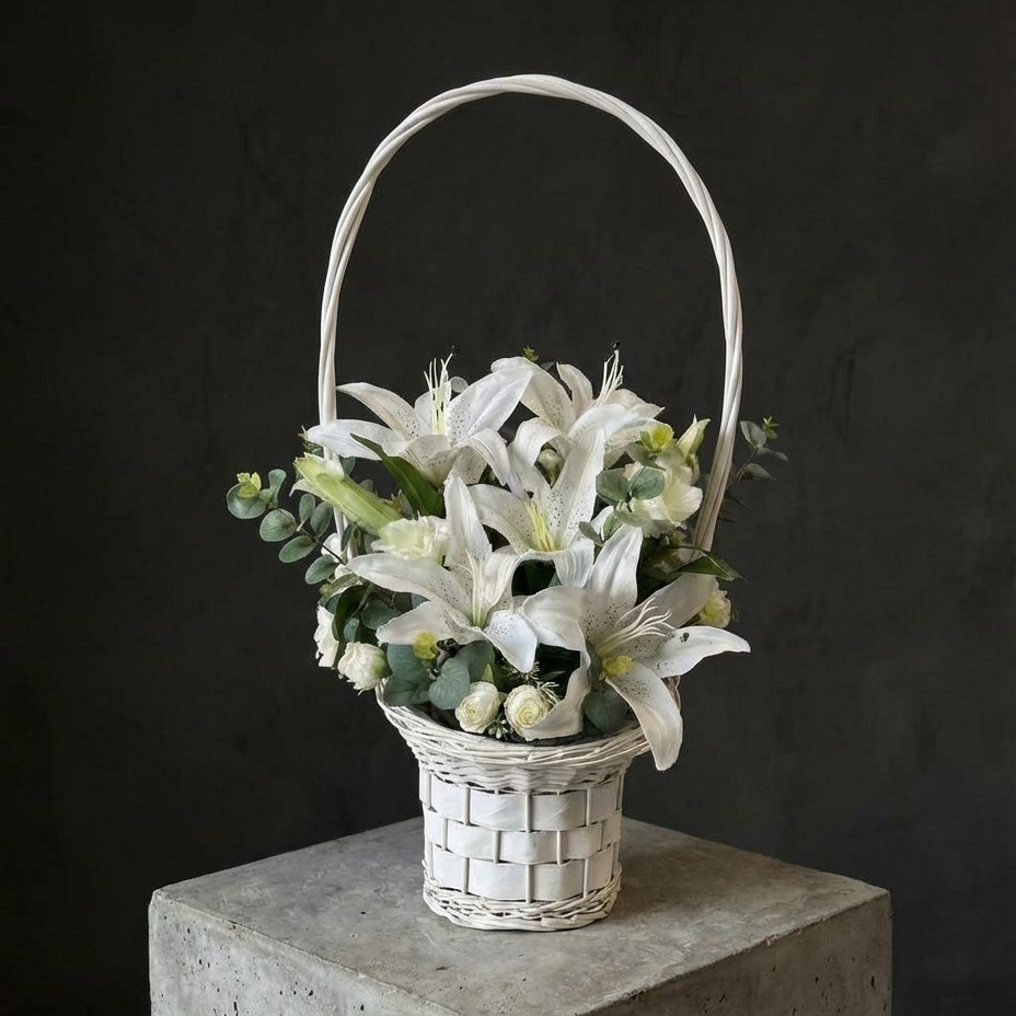 Траурная корзина из искусственных лилий на Радоницу