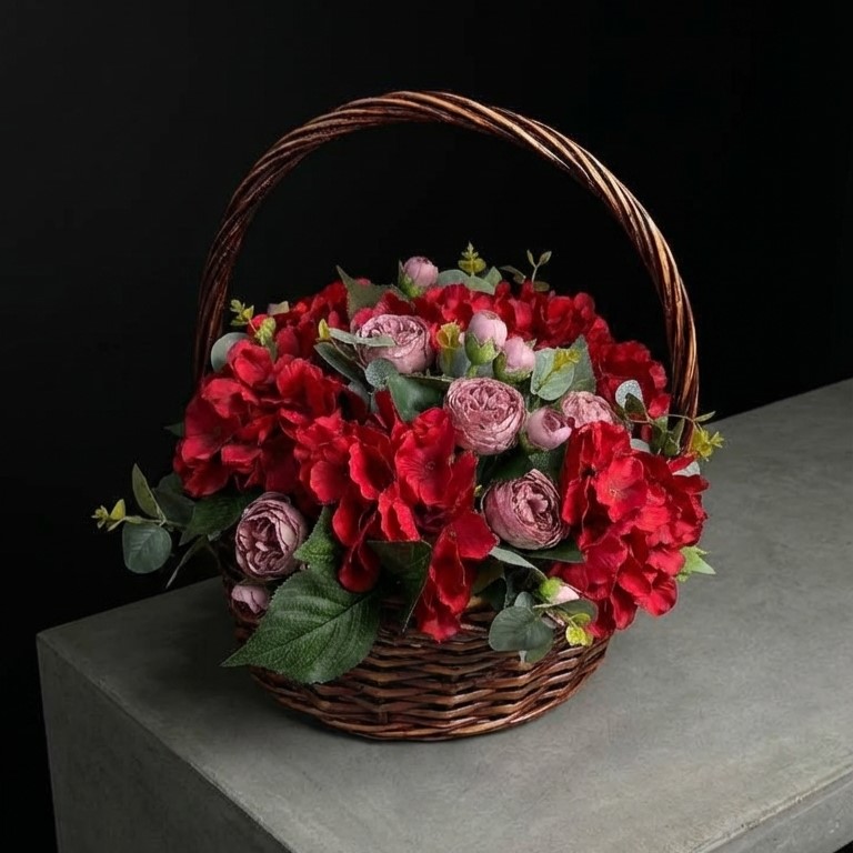  Красная траурная корзина из искусственных цветов