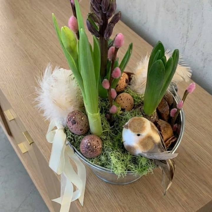 Пасхальная композиция в металлическом ведерке