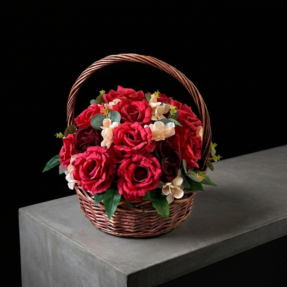 Траурная корзина из красных искусственных цветов